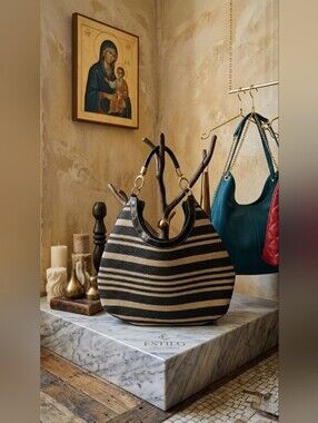 Vintage Black & Tan Striped Hobo Bag